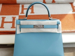 H家 专柜最新色 P3北方蓝 银扣 Kelly28CM 原厂Epsom皮 凯丽凯莉包 纯手缝蜡线缝制