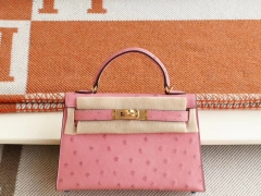 爱马仕 3Q新樱花粉 金扣 Minikelly二代 南非鸵鸟皮 迷你凯莉包 纯手缝蜡线缝制工艺
