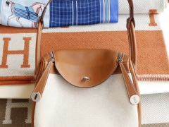 HERMES Ck37金棕拼帆布 银扣 Lindy30CM 法国Swift皮 H家老师傅纯手缝蜡线 琳迪包
