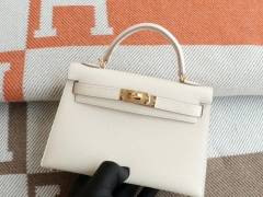 HERMES CC10奶昔白 金扣 Minikelly二代 原厂Epsom皮 迷你凯莉包 纯手缝蜡线缝制
