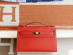 爱马仕 宴会手挽款 9J火焰橙 金扣 Minikelly一代 原厂Epsom皮 迷你凯莉包 纯手缝蜡线缝制