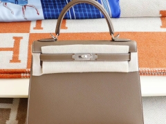 HERMES CC18大象灰 银扣 外缝 Kelly28CM 原厂Epsom皮 凯丽凯莉包 纯手缝蜡线缝制
