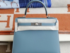 爱马仕 CK75牛仔蓝 银扣 外缝 Kelly28CM 原厂Epsom皮 凯丽凯莉包 纯手缝蜡线缝制工艺