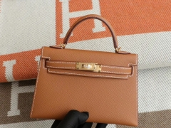 HERMES Ck37金棕 金扣 Minikelly二代 原厂Epsom皮 迷你凯莉包 纯手缝蜡线缝制
