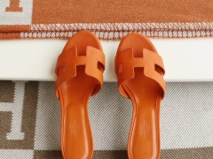 爱马仕 夏季旅游凉拖必备 女拖中跟4.5拖鞋 Epsom皮 经典橙