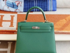 爱马仕 1K竹子绿 银扣 Kelly25CM 原厂Epsom皮 凯丽凯莉包 纯手缝蜡线缝制