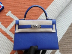 爱马仕 7T电光蓝 银扣 Minikelly二代 原厂山羊皮皮 迷你凯莉包 纯手缝蜡线缝制