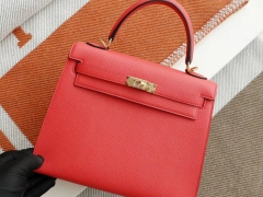 H家 西瓜红 金扣 Kelly25CM 原厂Epsom皮 凯丽凯莉包 纯手缝蜡线缝制