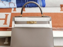 爱马仕 M8沥青灰 金扣 外缝 Kelly28CM 原厂Epsom皮 凯丽凯莉包 纯手缝蜡线缝制工艺