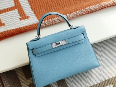 HERMES P3北方蓝 银扣 Minikelly二代 原厂山羊皮皮 迷你凯莉包 纯手缝蜡线缝制工艺