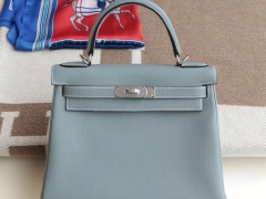 爱马仕 J7亚麻蓝 银扣 Kelly28CM 法国原厂togo皮 凯丽凯莉包 纯手缝蜡线缝制