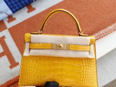 Hermes 9D琥珀黄 金扣 Minikelly二代 Hcp亮面鳄鱼 迷你凯莉包 纯手缝蜡线缝制
