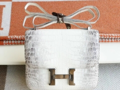 HERMES 白色 Constance19CM 小康空姐包 银扣 喜马拉雅鳄鱼 纯手工手缝工艺