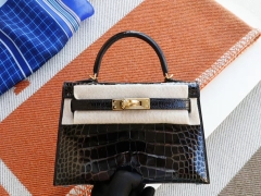 爱马仕 CC89黑色 金扣 minikelly二代 Hcp亮面鳄鱼 迷你凯莉包 纯手缝蜡线缝制
