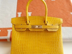 客定发货 9D琥珀黄 Birkin30CM 铂金包 亮面鳄鱼 金扣 俩点 纯手工手缝工艺