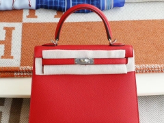 爱马仕 S3心红色 银扣 外缝 Kelly25CM 原厂Epsom皮 凯丽凯莉包 纯手缝蜡线缝制