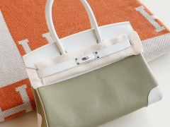 Hermes 01纯白拼绿色帆布 Birkin30CM 铂金包法国Swift小牛皮 老师傅全手缝 银扣