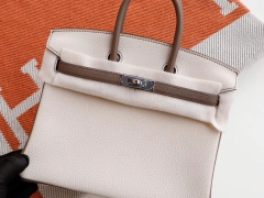 爱马仕 CC10奶昔白拼CK18大象灰 Birkin25CM 铂金包法国togo小牛皮 老师傅全手缝 银扣