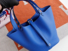 HERMES 新版菜篮子编织肩带18CM 原厂Epsom皮 T7水妖蓝 银扣 纯手缝手工缝制工艺