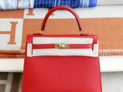 爱马仕 S3心红色 金扣 外缝 Kelly25CM 原厂Epsom皮 凯丽凯莉包 纯手缝蜡线缝制
