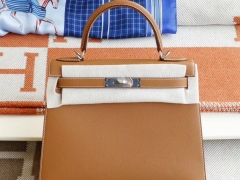 爱马仕 CC37金棕 银扣 外缝 Kelly28CM 原厂Epsom皮 凯丽凯莉包 纯手缝蜡线缝制