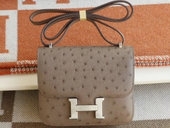 HERMES 爱马仕 CK18大象灰 银扣 Constance19CM 空姐包 南非鸵鸟皮 纯手工手缝工艺
