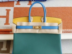 HERMES 爱马仕 琥珀黄拼孔雀绿拼水妖蓝 金扣 birkin25CM 原厂Epsom皮 铂金包 纯手缝蜡线缝制