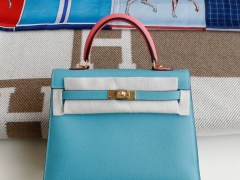 爱马仕 P3北方蓝拼唇膏粉 金扣 Kelly25CM 法国原厂Epsom皮 凯丽凯莉包 纯手缝蜡线缝制