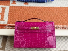 爱马仕 J5天方夜谭紫桃红紫 金扣 minikelly一代 Hcp亮面鳄鱼 迷你凯莉包 纯手缝蜡线缝制