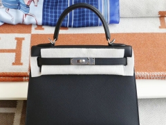 爱马仕 CC89黑色 银扣 外缝 Kelly28CM 原厂Epsom皮 凯丽凯莉包 纯手缝蜡线缝制