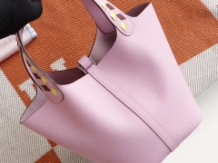 HERMES 最新色X9锦葵紫 编织带菜篮子18CM 原厂Epsom皮 银扣 法国蜡线 纯手缝工艺