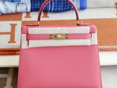 爱马仕 8W新唇膏粉 金扣 外缝 Kelly28CM 原厂Epsom皮 凯丽凯莉包 纯手缝蜡线缝制
