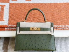 Hermes 6Q祖母绿 金扣 Minikelly二代 南非鸵鸟皮 迷你凯莉包 纯手缝蜡线缝制工艺