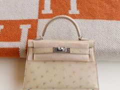 爱马仕 3C羊毛白 银扣 Minikelly二代 原厂鸵鸟皮 迷你凯莉包 纯手缝蜡线缝制工艺