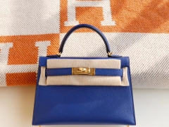Hermes 7T电光蓝 金扣 Minikelly二代 原厂山羊皮皮 迷你凯莉包 纯手缝蜡线缝制