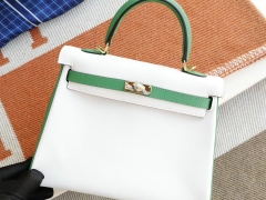HERMES 爱马仕 纯白色拼1K竹子绿 内缝 金扣 Kelly25CM 法国原厂Swift皮 凯丽凯莉包 纯手缝蜡线