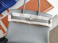HERMES 爱马仕 J7亚麻蓝 银扣 Birkin30CM 铂金包法国togo小牛皮 老师傅全手工