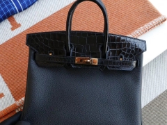 HERMES 爱马仕 CC89黑色 金扣 Birkin25CM 铂金包 法国进口Togo皮拼亮面鳄鱼 老师傅全手缝蜡线