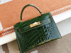 HERMES 6Q祖母绿 金扣 Minikelly二代 亮面鳄鱼 迷你凯莉包 纯手缝蜡线缝制