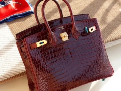 客定已发货 CK57波尔多酒红 金扣 Birkin25CM 亮面鳄鱼 总监纯手缝蜡线缝制 铂金包