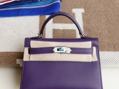 HERMES 9W梦幻紫 银扣 Minikelly二代 原厂山羊皮皮 迷你凯莉包 纯手缝蜡线缝制工艺