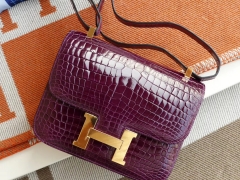 爱马仕 9G葡萄紫 水晶紫 金扣 Constance24CM 空姐包 亮面鳄鱼 银扣 纯手工手缝工艺