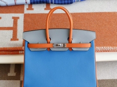 HERMES 爱马仕 橙色拼水妖蓝拼亚麻蓝 银扣 birkin25CM 原厂Epsom皮 铂金包 纯手缝蜡线缝制