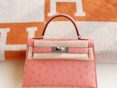 Hermes 1Q奶昔粉 银扣 Minikelly二代 原厂鸵鸟皮 迷你凯莉包 纯手缝蜡线缝制