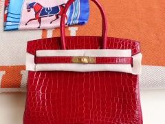 Hermes 客定已发货 B5宝石红 金扣 Birkin25CM 亮面鳄鱼 总监纯手缝蜡线缝制 铂金包