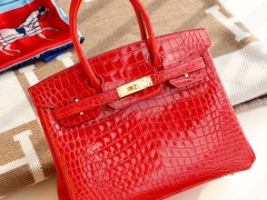 客定已发货 CK95法拉利红 金扣 Birkin25CM 亮面鳄鱼 总监纯手缝蜡线缝制 铂金包