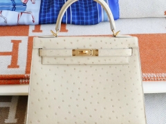 HERMES 3C羊毛白 金扣 Kelly28CM 南非鸵鸟皮 凯丽凯莉包 纯手缝蜡线缝制