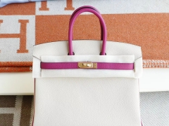 HERMES 爱马仕 CC10奶昔白拼L3玫瑰紫 金扣 Birkin25CM 铂金包法国togo小牛皮 老师傅全手工