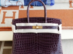 HERMES 爱马仕 9G葡萄紫 水晶紫 金扣 Birkin30CM 铂金包 亮面鳄鱼俩点 老师傅全手缝蜡线