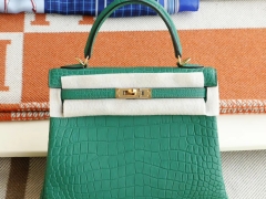 HERMES 4U丝绒绿 金扣 Kelly25CM 雾面鳄鱼 俩点 凯丽凯莉包 纯手缝蜡线缝制